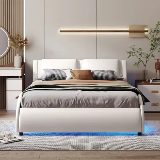 Upholstered Faux Leather Platform Bed with LED Light Bed Frame with Slatted-ModernLuxe image {1}