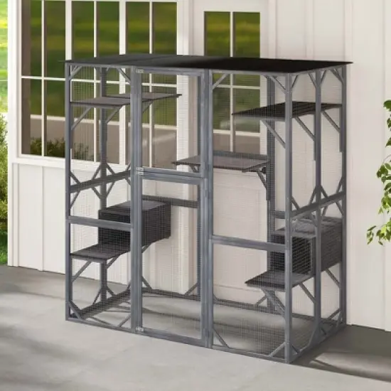 Costway Large Wooden Cat House 71'' Indoor Outdoor Weatherproof Catio Kitten Enclosure image {2}