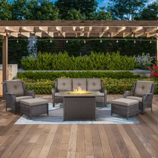 POCASSY 6-Piece Outdoor Furniture Set with 50000BTU Propane Fire Pit, All Weather Wicker Patio Fire Pit Table Set with 3-Seater Sofa and Club Chair image {14}