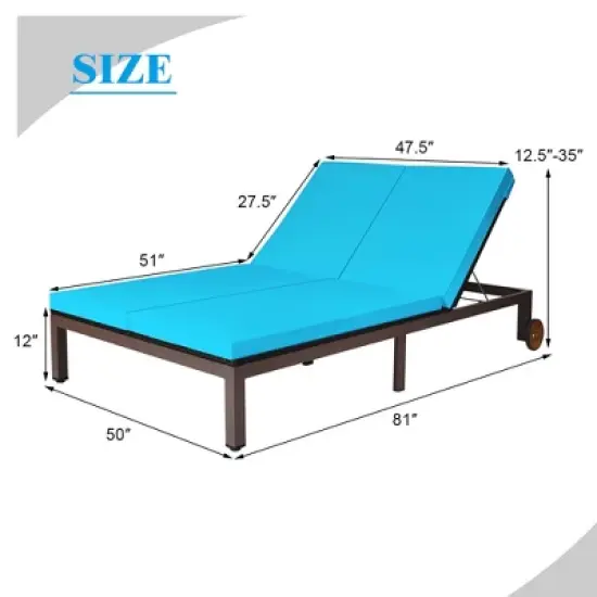 Costway 2-Person Patio Rattan Lounge Chair Chaise Recliner Adjustable Cushion Turquoise image {2}