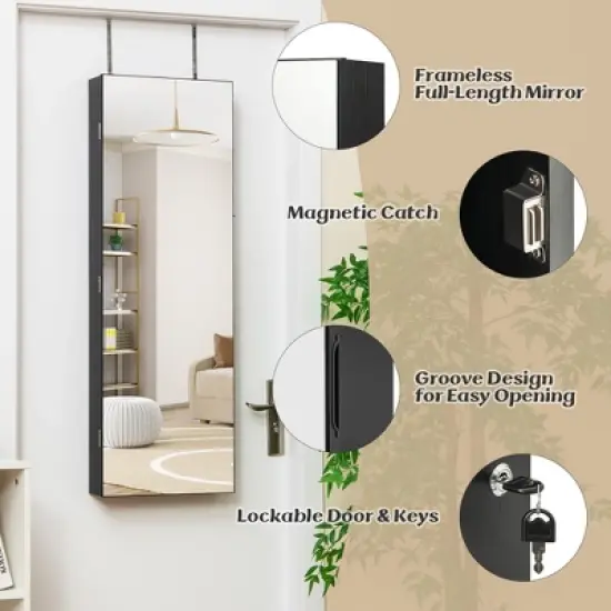 Tangkula Wall Mounted Jewelry Cabinet Full-Length Mirror Lockable w/ 3-Color Lights image {4}