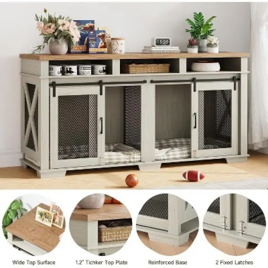 COZONY 71 Inch Dog Crate Furniture for 2 Dogs with Sliding Barn Door TV Stand Kennel 3 Storage Compartments, White image {4}