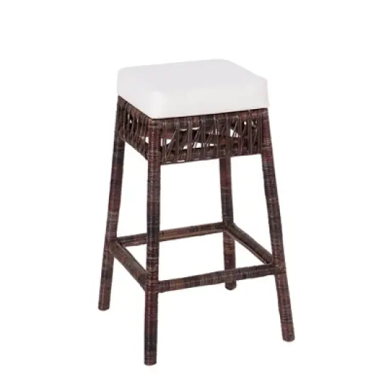 JONATHAN Y Bali Bohemian Basics Rattan Backless Bar Stool, White Cushion with Dark Brown Woven Frame image {1}
