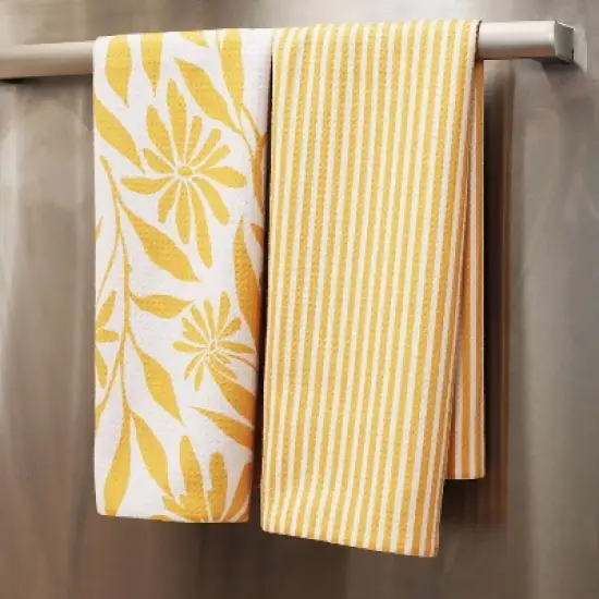 Geometry Tea Towel Set Ivy: Modern Floral & Stripe Quick Dry Microfiber Kitchen Towels, 2-Piece, Yellow image {1}