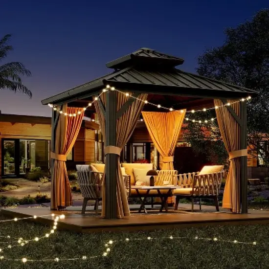 10x10 FT Permanent Hardtop Gazebo Outdoor Pavilion, Heavy Duty Aluminum Frame, Garden Shelter with Curtains & Netting, All-Weather Patio Canopy image {6}