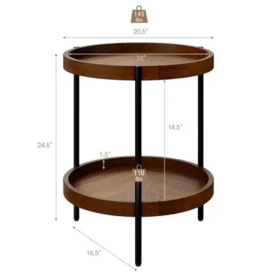 Costway 2-tier Round Side End Table Storage Shelf Rubber Wood Accent Nightstand image {3}