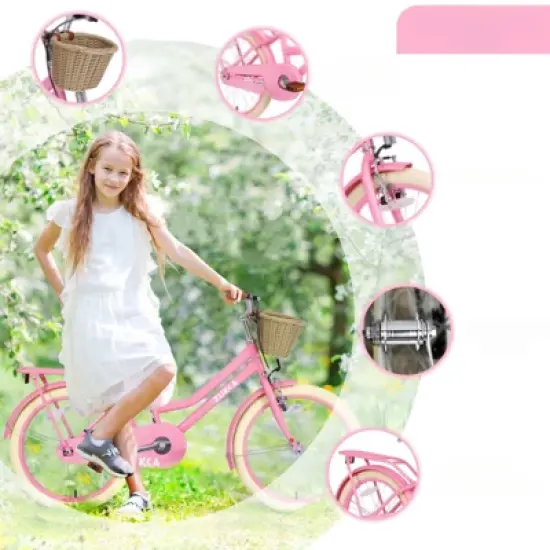DSVIMOY 20 inch Girls Bike with Basket for 7-10 Years Old Kids, No Training Wheels Included, Pink, 55.51"*21.26"*32.48" image {3}