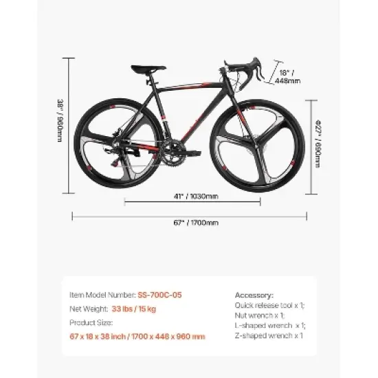 VEVOR Road Bike, 700C Wheels Racing Bike, SHIMANO 14 Speeds Drivetrain City Commuter Road Bicycle with Aluminum Alloy Frame, Drop Bar, Black image {7}