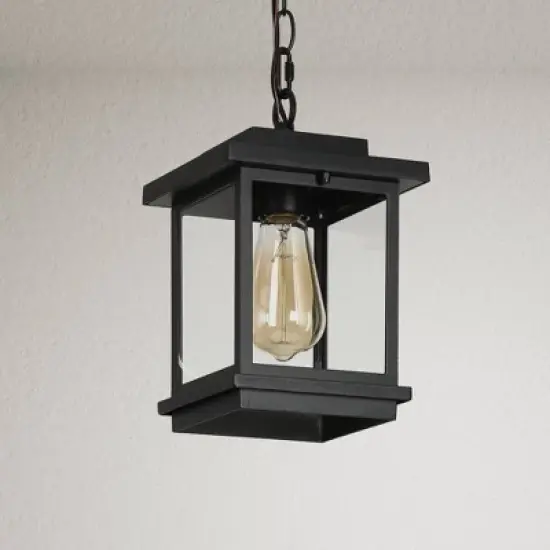 LNC 8" Square Cage Modern Outdoor Pendant Lamp Matte Black: Weather-Resistant, Glass Shade, E26 image {5}