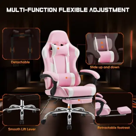 SEVOBAL Task and Office Chairs User Friendly Gaming Chair with Footrest and Adjustable Lumbar Support for Long Hours of Play, Pink, 26.7"*25.3"*52.3" image {4}