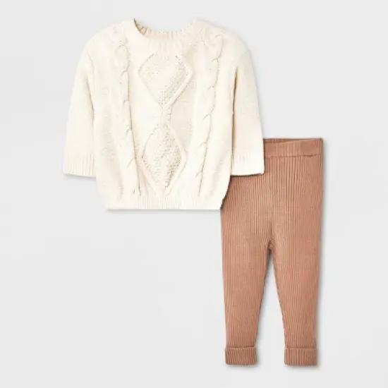 Grayson Collective Baby Cable Knit Pullover Sweater & Leggings Set - Cream/Brown image {8}