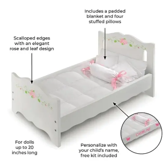 Badger Basket Doll Bed with Bedding and Free Personalization Kit - White Rose image {7}