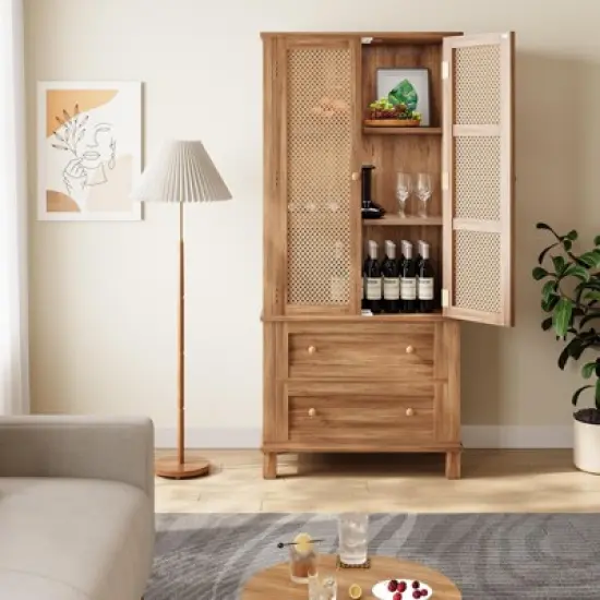 Kitchen Pantry Storage Cabinet with 2 Rattan Doors and 2 Adjustable Shelves image {3}