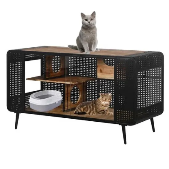 55 Inch Cat Litter Box Furniture, Metal Cat House with 2 Sliding Glass Doors, Media Console Table, Pet Kennel for Living Room Hallway Black image {3}
