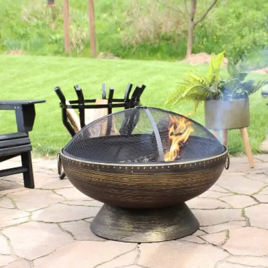 Sunnydaze Outdoor Camping or Backyard Large Fire Pit Bowl with Spark Screen, Log Poker, and Metal Wood Grate - 30" - Bronze image {1}