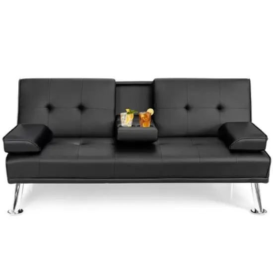 Costway Convertible Folding Futon Sofa Bed Leather w/Cup Holders&Armrests White\Black\Brown image {10}