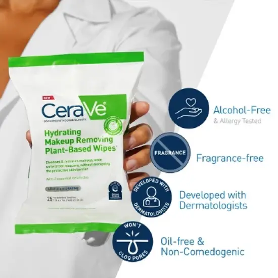 CeraVe Hydrating Makeup Remover Wipes, Plant Based Facial Cleansing Wipes for Sensitive Skin, Fragrance-Free - 25ct image {2}
