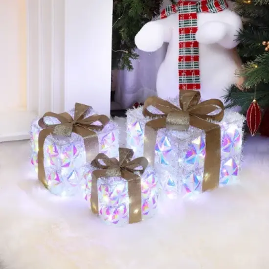 LuxenHome 3-Piece Prism Gift Boxes with Gold Ribbon Holiday Decoration with Lights Multicolored, Gold, White image {2}