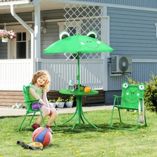 Outsunny Folding Kids Table and Chair Set, Picnic Table with Frog Pattern Removable & Height Adjustable Sun Umbrella for Garden, Backyard, Green image {2}