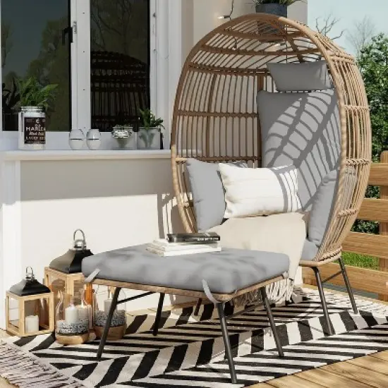 Wicker Egg Chair with Ottoman Oversize Egg Shaped Lounge Chair with Thick Cushion Comfy Egg Rattan Seat for Indoor Outdoor image {5}