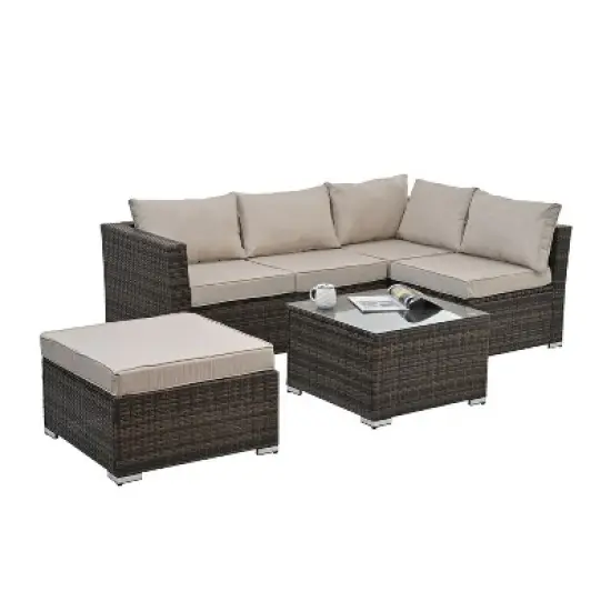LOVSON Patio Furniture, Outdoor Furniture, Seasonal PE Wicker Furniture, 4 Set Wicker Furniture With Tempered Glass Coffee Table image {4}