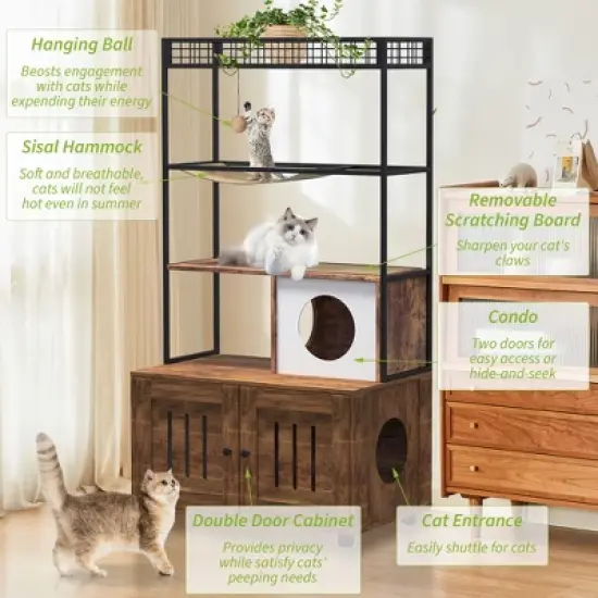 COZONY 60" Cat Litter Box Enclosure with Shelf Storage &mdash; 2-in-1 Wooden Cat House Condo, Reversible Entrance, Sisal Hammock & Playing Ball for Cats image {3}