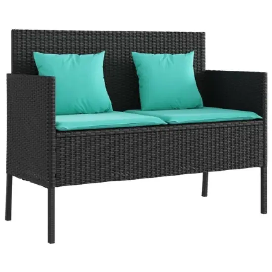 vidaXL Outdoor Loveseat Bench - Black PE Rattan, Padded Blue Cushions, Storage Under-Seat, Weather-Resistant, Garden/Patio Furniture, 44.5"x24"x34.3" image {15}