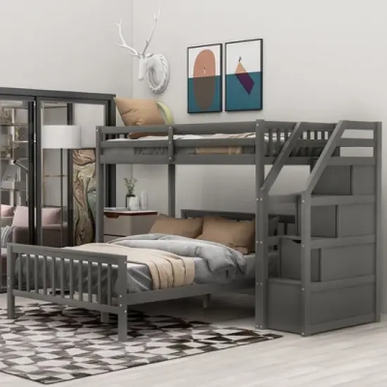 Twin Over Full Bunk Bed With Storage Staircases, Wooden Loft Bed Frame For Kids Teens Bedroom Guest Room Furniture No Box Spring Needed Easy Assembly image {1}