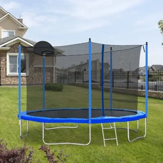 HFYee 12/14/16FT Safety-Enclosed Trampoline with Basketball Hoop Backyard Jump Arena with Ladder  for Ages 8+ image {1}