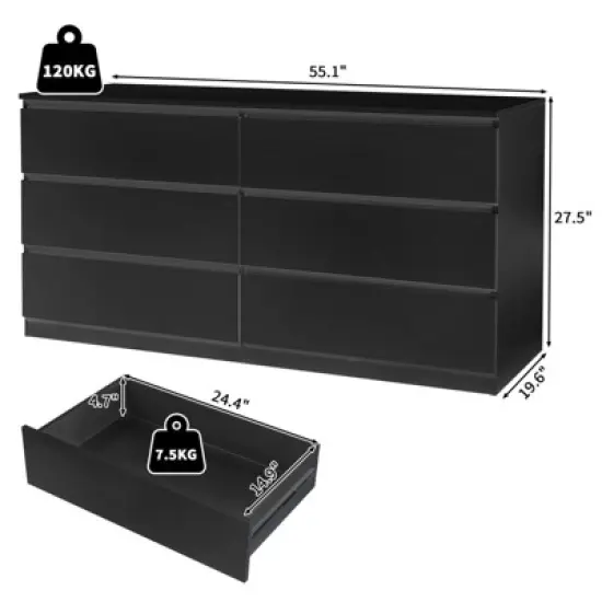 Resenkos 55" Storage Dressers Organizer for Bedroom, Wood 6 Drawers Dresser Chests, Black image {2}