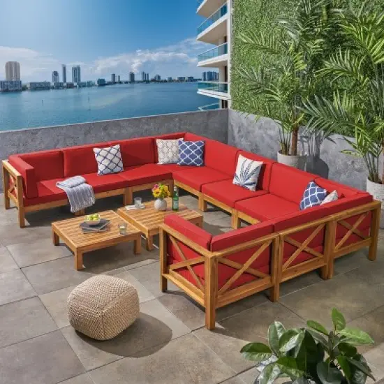 Christopher Knight Home Keith Outdoor Acacia Wood 10 Seater Sectional Sofa Chat Set with Cushions image {13}