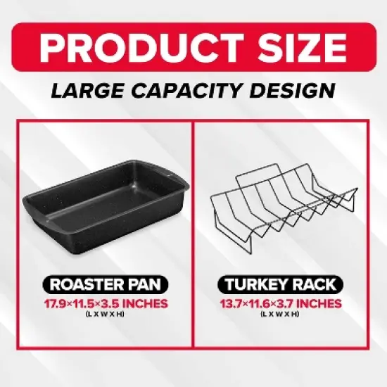 BAKKEN Nonstick Turkey Roasting Pan with Rack &ndash; 17 X 13 inch,  Large Heavy-Duty Carbon Steel Roasting Pan, Oven Safe Up to 450&deg;F, Gray Marble image {1}