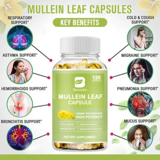 B Beworth Mullein Leaf Capsules Herbal Supplement Supports Respiratory Function Health,120 Count image {3}