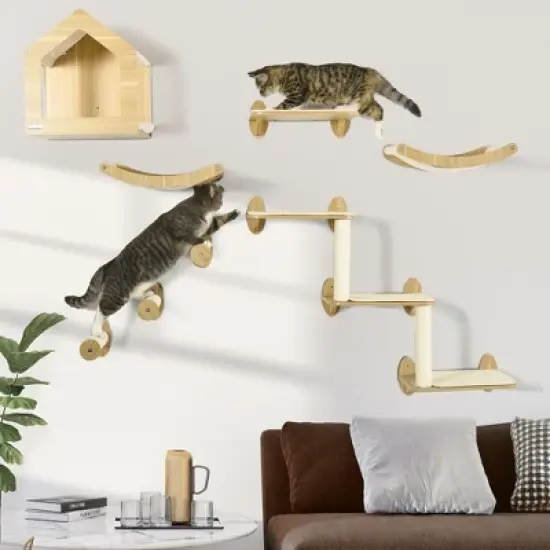 PawHut Unique Cat Tree Made From Cat Shelves with 10 Levels for More Height, Wall-Mounted Cat Tree Climbing Playground, Cat Hammocks, Modern Cat Tree image {2}