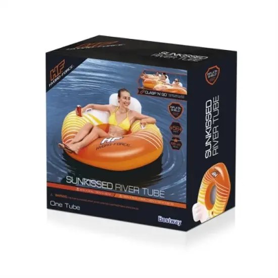 Bestway 43399E Hydro-Force Sunkissed Pool, Lake, River, Beach Inflatable PVC Clasp N Go Inner Tube Ring Float with Cup Holder, Orange and Yellow image {3}