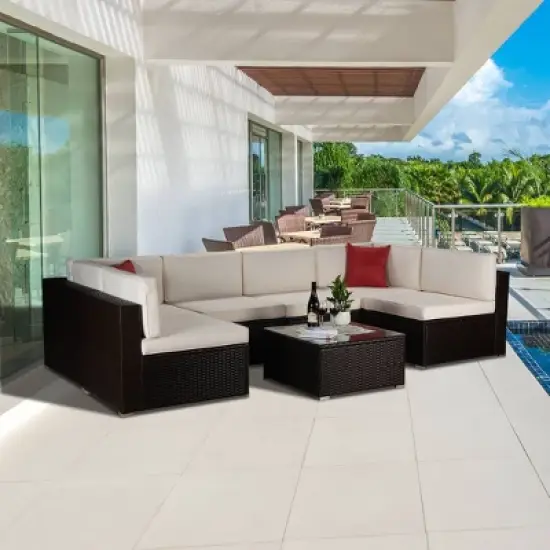 7pc Outdoor Rattan Wicker Set with Cushions - Brown/Beige/Red - GODEER image {1}