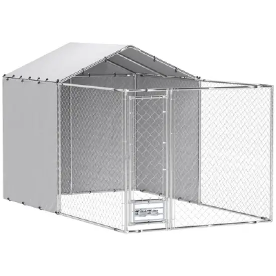 PawHut Large Outdoor Dog Kennel, Chain Link Dog Kennel Outside with Weather Resistant Cover, Rotating Bowls Door, for M&L Dogs image {6}