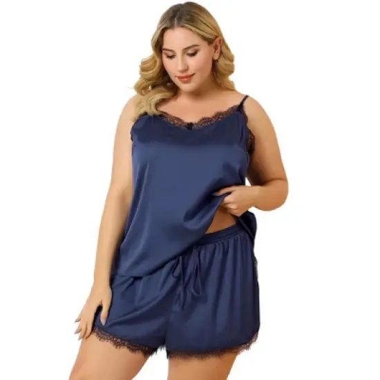 Agnes Orinda Women's Plus Size Lace Panel Elastic Waist Camisole Pajama Set image {6}