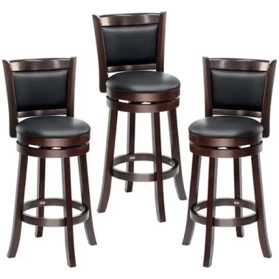 HOMCOM Classic Bar Stool Swivel Barstool with PU Leather Upholstered Mid-Back and Footrest, 30.25 Inch Seat Height, Set of 3, Black image {3}