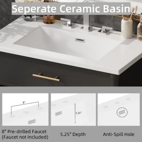 Christopher Knight Home Kachina Modern 31" Bathroom Vanity with Ceramic Sink, 2 Doors and Adjustable Shelf image {5}