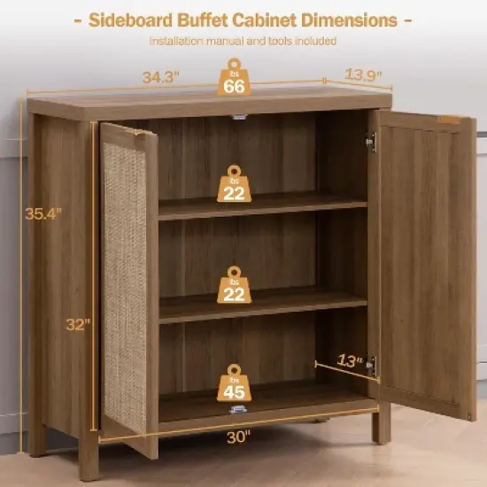 Rattan Sideboard Buffet Cabinet - Large Credenza Kitchen Storage Cabinet with Rattan Storage image {5}