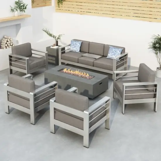 Christopher Knight Home Cape Coral Outdoor Aluminum 7 Seater Chat Set with Fire Pit image {13}