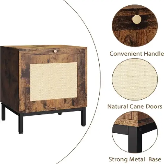 GustoWaveRattan Nightstand,, Accent End Table with Storage and Metal Legs, Night Stand for Bedroom, Living Room, Brown and Black image {3}