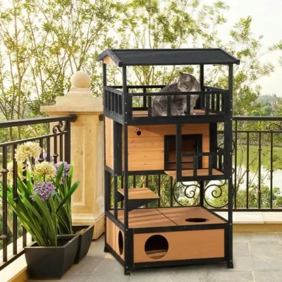Resenkos Wooden Outdoor Cat House, Feral Cat Shelter Kitten Condo with Asphalt Roof, Escape Doors, Condo, Jumping Platform, Yellow image {7}
