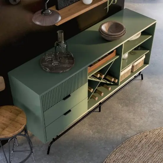 miBasics Heath 60" Modern Buffet with Wine Cabinet Sage Green: Freestanding Storage, 4 Shelves, 3 Drawers image {6}