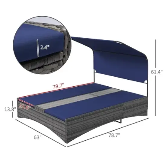 Resenkos Outdoor Elegance PE Rattan Double Chaise Lounge, Reclining Daybed With Canopy, Composite Wood-Plastic Middle Table, Dark Blue image {9}