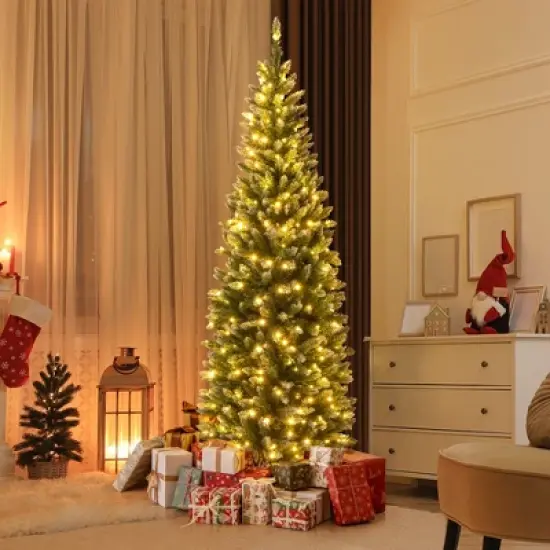 Costway 6FT/9FT Pre-Lit Christmas Tree Hinged Slim Pencil Xmas with 250/500 LED Lights image {10}