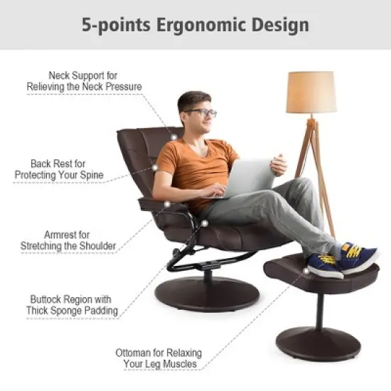 Costway Recliner Chair Swivel PU Leather Lounge Accent Armchair w/ Ottoman Brown image {6}