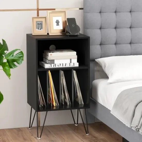 Costway 3-Tier Record Player Stand with Charging Station Shelf & 4 Dividers for Bedroom Walnut/Black/Brown image {7}