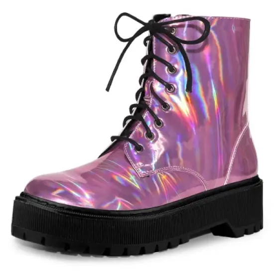 Allegra K Women's Round Toe Platform Lace Up Colorful Combat Ankle Boots image {12}